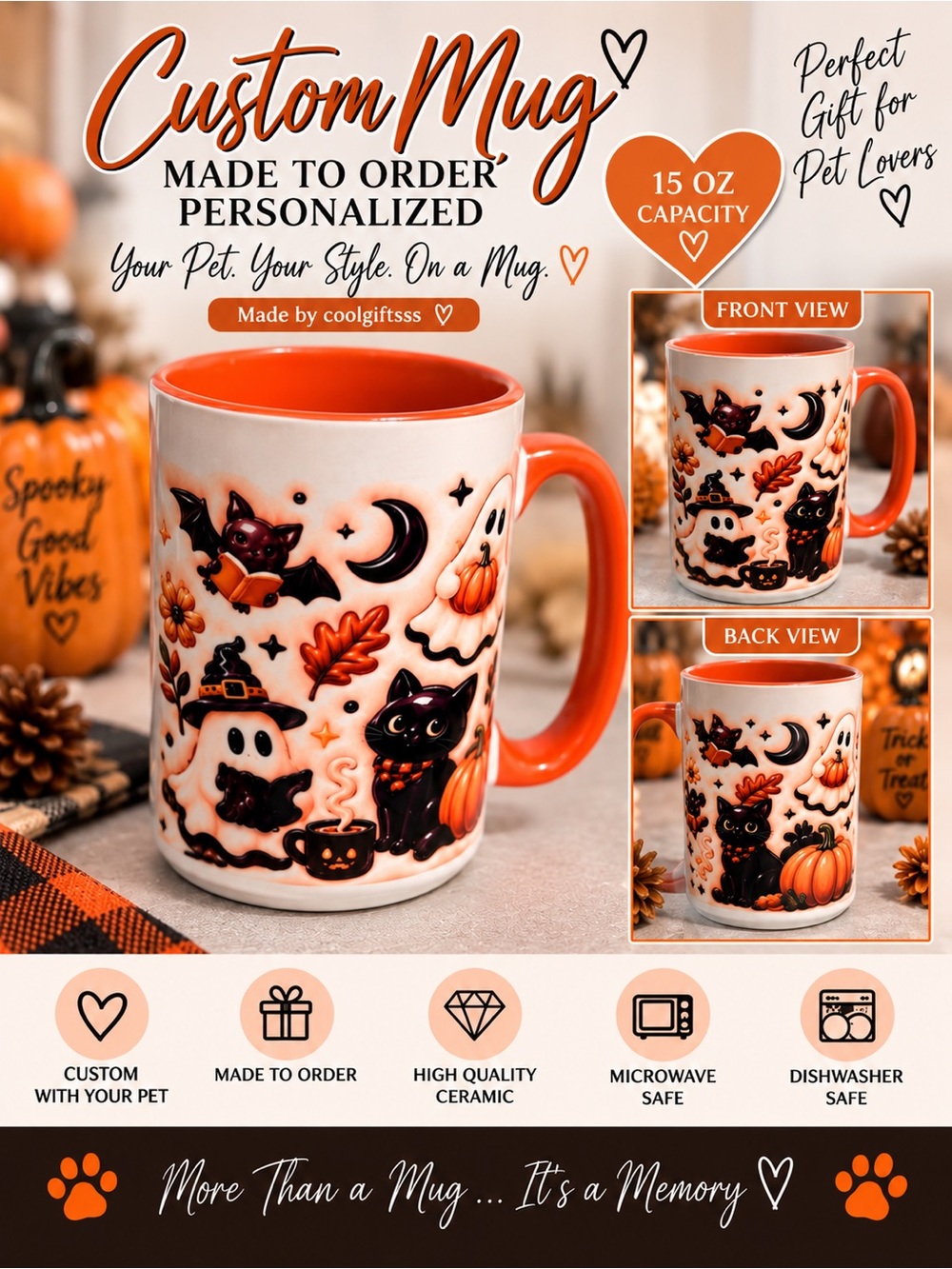Halloween Ceramic Mug - Orange Interior & Handle made to order ghosts cats 15 oz - Picture 2 of 4